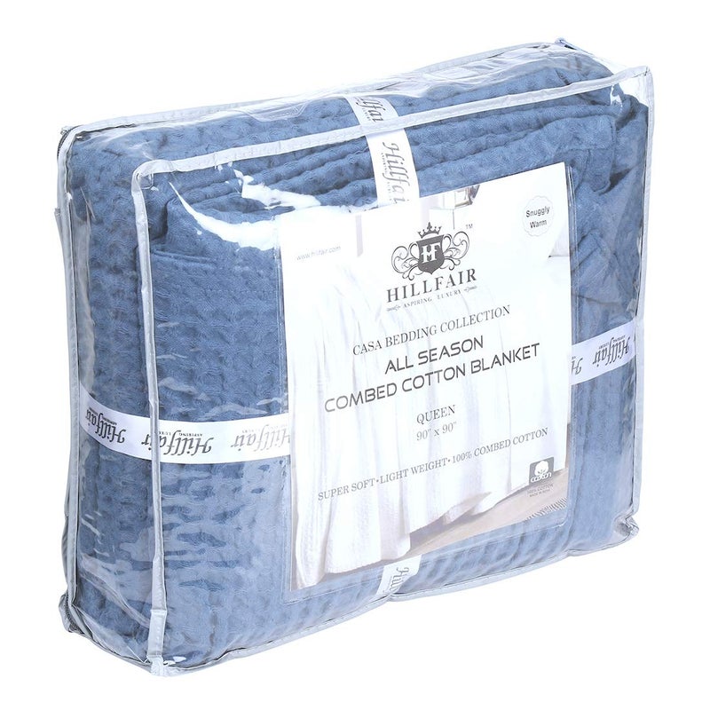 HILLFAIR 100% Combed Cotton Blanketâ€“ Queen Size Bed Blanketsâ€“ Warm Soft All Season Breathable Lightweight Summer Blanketsâ€“ Waffle Weave Home Decor Bed Blanket- Blue Queen Bed Cotton Blankets/Bedcovers - Image 5